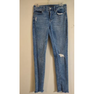 Uniqlo Jeans Skinny Tapered Mid Waist Stretch Womens Size W26 Blue Distressed